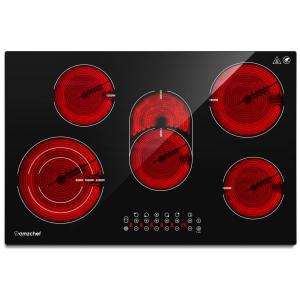 Cooktop Elétrico 30" 76cm para Embutir com 5 Queimadores e 9 Níveis de Aquecimento, 240V 1200W, AMZ Chef, Preto