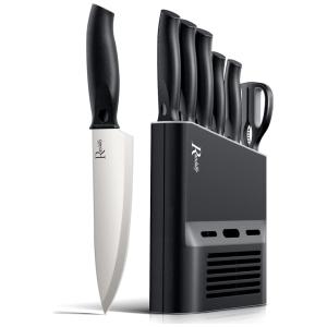 Conjunto de Facas em Aço Inoxidável com Bloco de Bancada, 7 Peças, RANDALFY, Preto