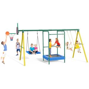 Playground Infantil de Metal com Cesta de Basquete, Trampolim e 3 Balanços, Vibemo VB-SW04, Verde