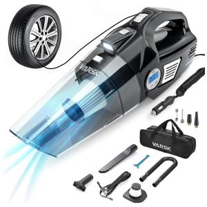 Aspirador de Pó Automotivo Portátil 4 em 1 Compressor de Ar Luz LED LCD 12V, VARSK, Preto