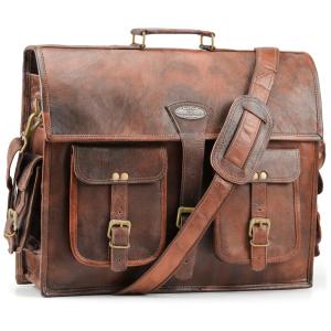 Bolsa Maleta de Couro Masculina para Laptop, HANDMADE WORLD, Marrom