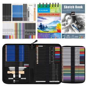 Kit de desenho e esboço 76 peças KALOUR com lápis grafite, cor, aquarela, metálico, carvão, sketchbook, bloco aquarela e estojo