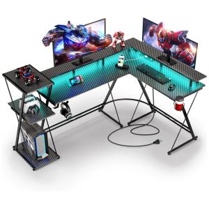 Mesa Gamer em Formato de L, 58" 147 cm com Ganchos para Fones de Ouvido, Luz LED, Porta-Copos e Suporte para Monitor, 110V