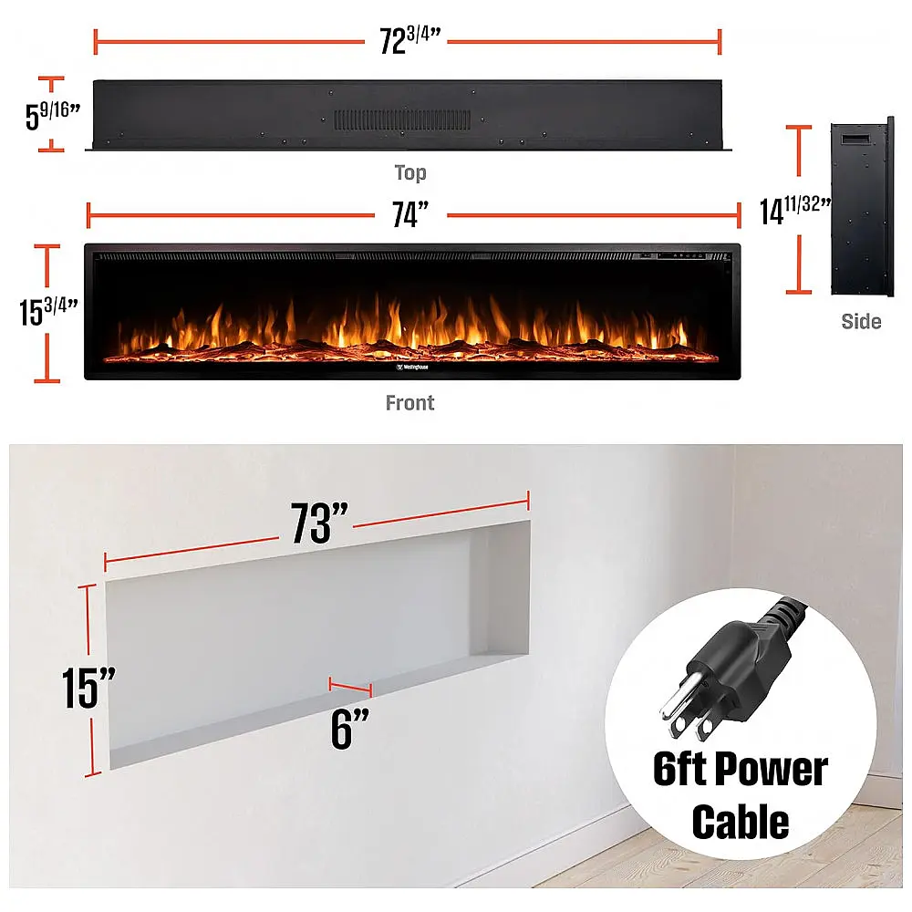 Lareira Elétrica Westinghouse Preta Parede/Embutida Wi-Fi Alexa Google 144 Combinações 1500W 110V – 188 cm(L)X40 cm (A) — foto 2