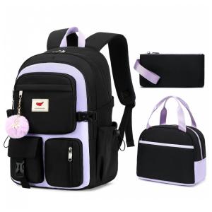 Mochila escolar feminina para notebook 40 cm preta e roxa com estojo e lancheira 3 peças