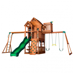 Playground Infantil de Madeira com Caixa de Areia, Mesa de Piquenique, Escorregador, Barras de Macaco, Balanços e Escalador