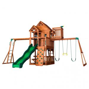 Playground Infantil de Madeira com Caixa de Areia, Mesa de Piquenique, Escorregador, Barras de Macaco, Balanços e Escalador