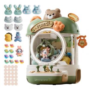 Máquina de Garra Verde – Mini Arcade Infantil com 10 Pelúcias, 10 Mini Brinquedos, 10 Ovos Surpresa, 24 Moedas, Som, Luzes LED e Alimentação