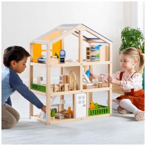 Casa de Bonecas Guia Guidecraft Madeira Natural, 3 Andares, Detalhes em Acrílico, Para Crianças 3+, Modelo Modern Home