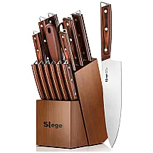 Conjunto de Facas em Aço Inoxidável de Alto Carbono com Bloco de Bancada, 15 Peças, Slege, Marrom