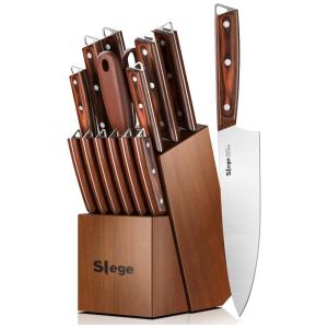 Conjunto de Facas em Aço Inoxidável de Alto Carbono com Bloco de Bancada, 15 Peças, Slege, Marrom