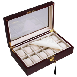 Caixa, Estojo de Madeira e Visor de Vidro para Relógios com 12 Compartimentos, Yescom, Marrom