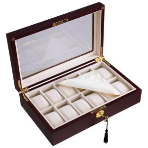 Caixa, Estojo de Madeira e Visor de Vidro para Relógios com 12 Compartimentos, Yescom, Marrom