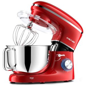 Batedeira CHeflee, 600W 6 Velocidades com Tigela de Aço Inoxidável 6,5Litros , Gancheira para Massas e Batedor de Arame, Vermelha