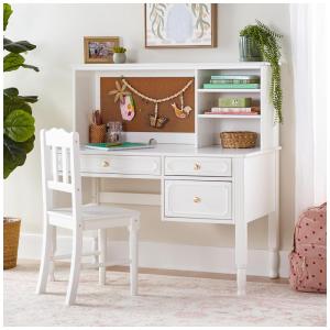 Conjunto infantil de escrivaninha, hutch e cadeira Guidecraft Avery Branco em madeira com 3 gavetas e nichos 112cm
