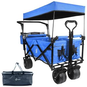 Carrinho Vagão Dobrável Multifuncional com Dossel Removível e Armazenamento, Napfox, Azul