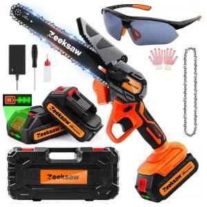 Mini Motosserra Elétrica sem Fio com 2 Baterias 21V para Poda de Galhos, 900W, Zeeksaw, Laranja