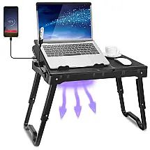 Mesa para laptop para cama, com ventilador, com pernas dobráveis, Bandeja com luz LED, 4 portas USB, zenamento, mouse pad, TEQHOME K653