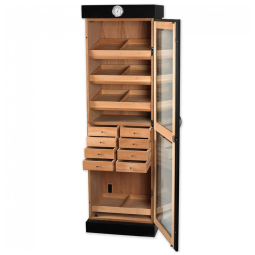 Umidor Torre Preto com Prateleiras e Gavetas Ajustáveis | Grande Capacidade, Porta de Vidro Temperado, Higrômetro e Forro de Cedro