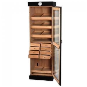 Umidor Torre Preto com Prateleiras e Gavetas Ajustáveis | Grande Capacidade, Porta de Vidro Temperado, Higrômetro e Forro de Cedro