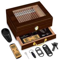 Umidor de Cedro Espanhol para Charutos com Acessórios e Higrômetro - Armazenamento para 20-50 Charutos, Gaveta, Design Artesanal