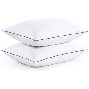 Conjunto de Travesseiros, Tamanho Queen com 2 Peças e Capa 100% Algodão, Puredown, Branco e Azul Marinho