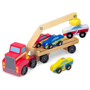 Caminhão Infantil com Reboque Magnético de Madeira com 4 Carros para Crianças Acima de 3 Anos, Melissa & Doug