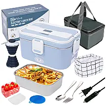 Marmita Elétrica Portátil 1,8L com Garrafa de Água Dobrável, Cesta e à Prova de Vazamentos, 12V ou 110V, HerVive, Azul e Branco