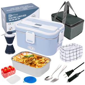 Marmita Elétrica Portátil 1,8L com Garrafa de Água Dobrável, Cesta e à Prova de Vazamentos, 12V ou 110V, HerVive, Azul e Branco
