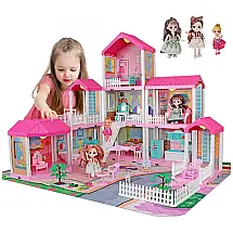 Casa de Bonecas com 9 Quartos e Cômodos Customizáveis para Crianças de 3 Anos ou Mais, Mini Tudou, Rosa