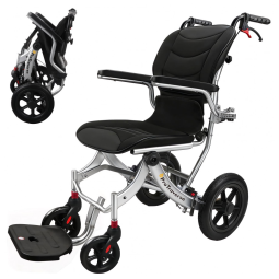 Cadeira de Rodas para Adultos ProTraverse Preta e Prata Dobrável Leve com Almofadas Removíveis Transporte Todos os Terrenos