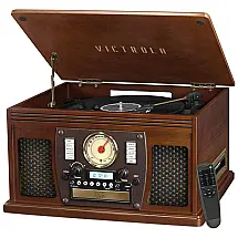 Toca Discos 8 em 1 Central Multimidia Bluetooth Alto falantes Estéreos Integrados, VICTROLA VTA 600B ESP, Marrom