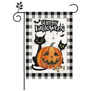 Bandeira Dupla Face 45 Centímetros para Decoração de Halloween, Estampa Gato Preto e Abóbora