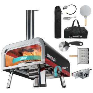 Forno de Pizza a Gás Portátil Aço Inoxidável com Termômetro Embutido, Cortador de Pizza e Bolsa de Transporte, ABORON, Vermelho e Preto