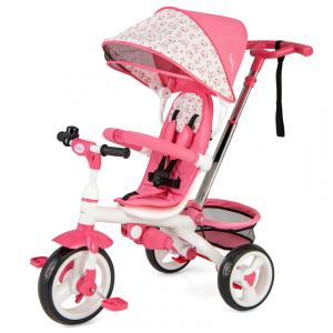 Triciclo Infantil 4 em 1 com Alça Removível, Sino, Assento Giratório e Cesta de zenamento para Crianças de 1 a 5 anos, Costzon, Rosa