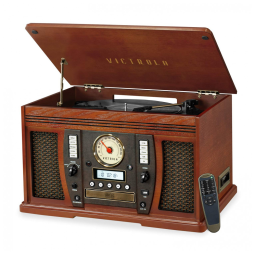 Toca Discos Central Multimídia 8 em 1 com Bluetooth e Alto-falantes Integrados, Victrola Aviator, Marrom