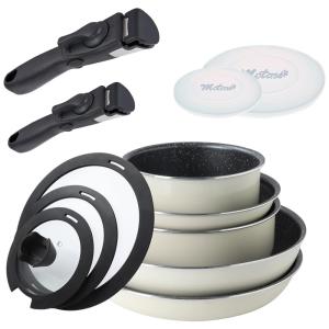 Conjunto de Panelas e Frigideiras Antiaderentes em Alumínio com 12 Peças e Alça Removível, Motase, Branco