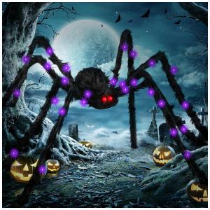 Aranha Gigante 1,5 Metros com Luz LED para Decoração de Halloween, 2UN, Preta e Roxa