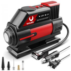 Compressor de Ar com Fio Portátil 150 PSI Recarregável com Desligamento Automático, 12V, VacLife ATJ1666, Preto e Vermelho