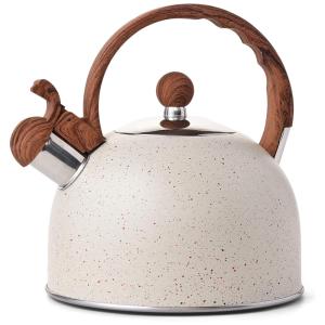 VONIKI Chaleira 2L com Apito e Cabo ergonômico, Aço Inoxidável, Branco