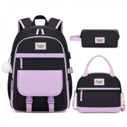 Mochila escolar juvenil Bevalsa roxa e preta com estojo e lancheira 45 cm e porta USB