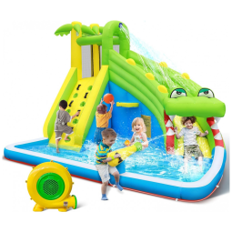 Parque Aquático Inflável 5 em 1 com Toboágua, Pula-Pula de Crocodilo, Escalada, Piscina, Canhão d'Água, Basquete e Compressor de Ar,TOAOB