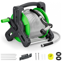 Mangueira de Jadim 22M com Enrolador Retrátil e Mangueira em Aço Inoxidável, SPECILITE, Preto e Verde