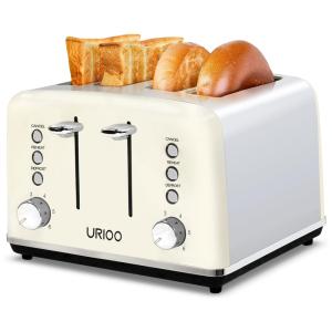 Torradeira Elétrica Retrô 4 Fatias com Slots Extra Largos e Bandeja de Migalhas Removível, URIOO, Prata e Creme