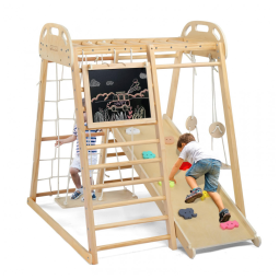 JOYMOR 8 em 1 Jungle Gym Interno para Crianças e Bebês com Ponte Suspensa e Balanço, Playground Interno de Madeira com Escorregador