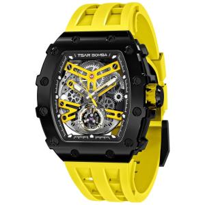 Relógio Masculino Analógico Automático Mecânico a Prova dÁgua 50M com Pulseira de Silicone, TSAR BOMBA, Amarelo e Preto