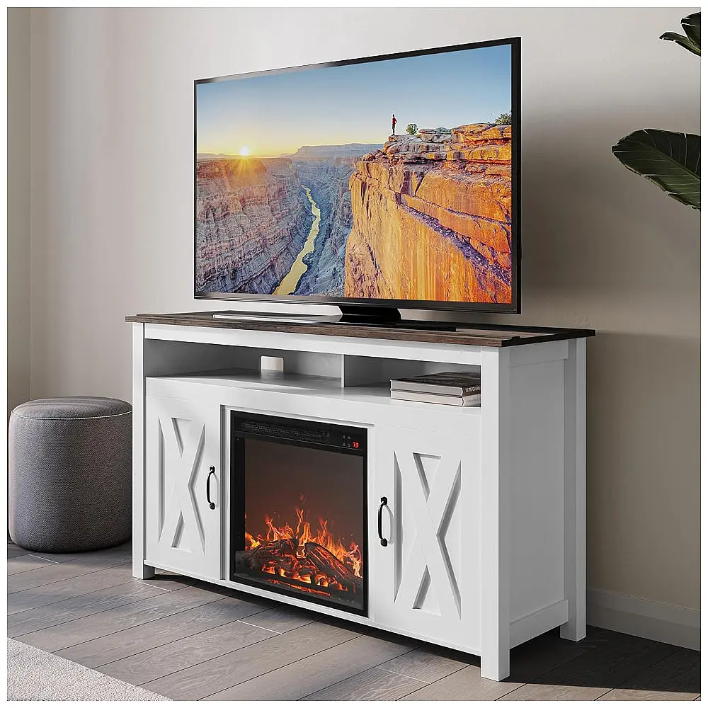 Rack TV Belleze 121x75cm Lareira Elétrica 1400W Barn Door Branco 110V — foto 2
