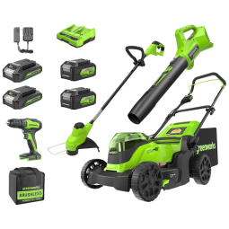 Kit Greenworks 48V: Cortador Brushless, Aparador , Soprador 320CFM, Furadeira , 2 Baterias 4.0Ah e 2 Baterias 2.0Ah, Carregador Dual