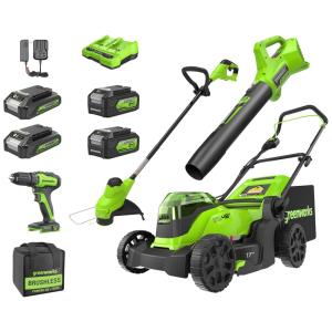 Kit Greenworks 48V: Cortador Brushless, Aparador , Soprador 320CFM, Furadeira , 2 Baterias 4.0Ah e 2 Baterias 2.0Ah, Carregador Dual