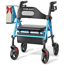 Cadeira de Rodas Dobrável com Assento para Idosos, 8 Grandes Rodas, Suporta até 160 kg, Ajustável em Altura, Leve - Azul Claro,HOMLAND